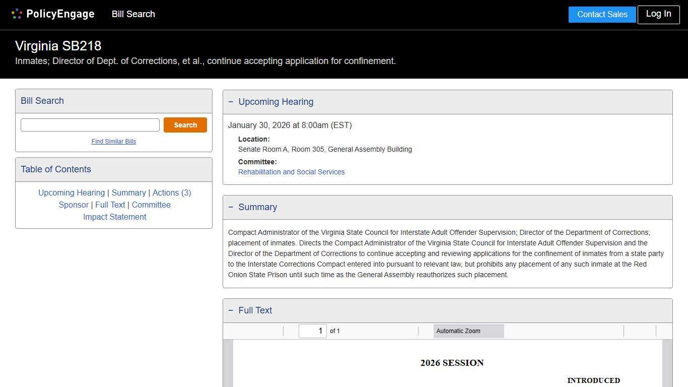 SB218 Virginia 2026 Inmates; Director of Dept. of Corrections, et al., continue accepting application for confinement. - Legislative Tracking PolicyEngage